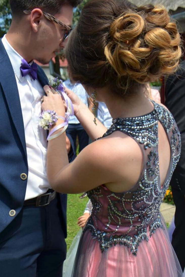 high neck tulle beaded bodice long prom dress with keyhole back
