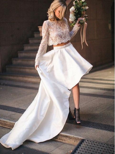high low two piece bateau lace wedding dress with long sleeves