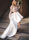 high low two piece bateau lace wedding dress with long sleeves
