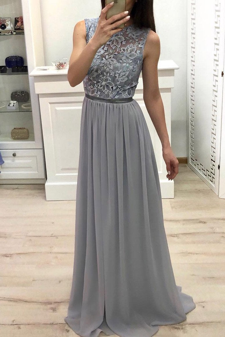 a line chiffon long prom dress with applique grey long bridesmaid dress