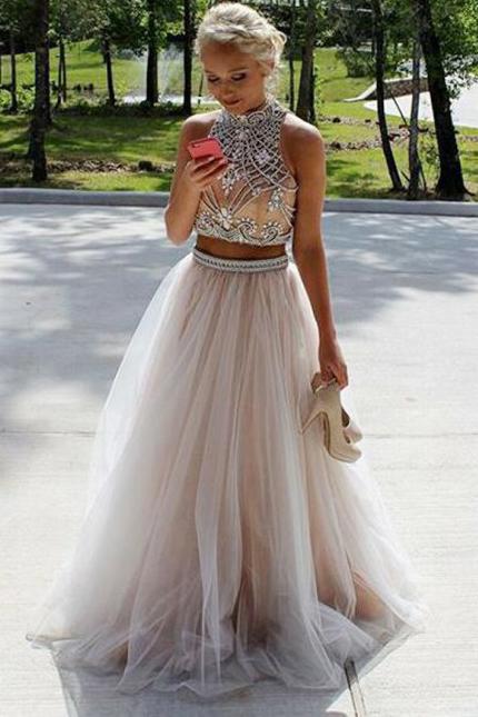 high neck tulle beaded two piece prom dress with keyhole back