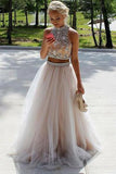 high neck tulle beaded two piece prom dress with keyhole back