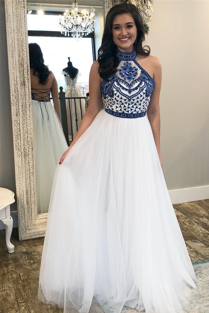high neck white blue embroidery long backless prom dress