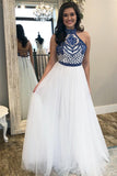 high neck white blue embroidery long backless prom dress