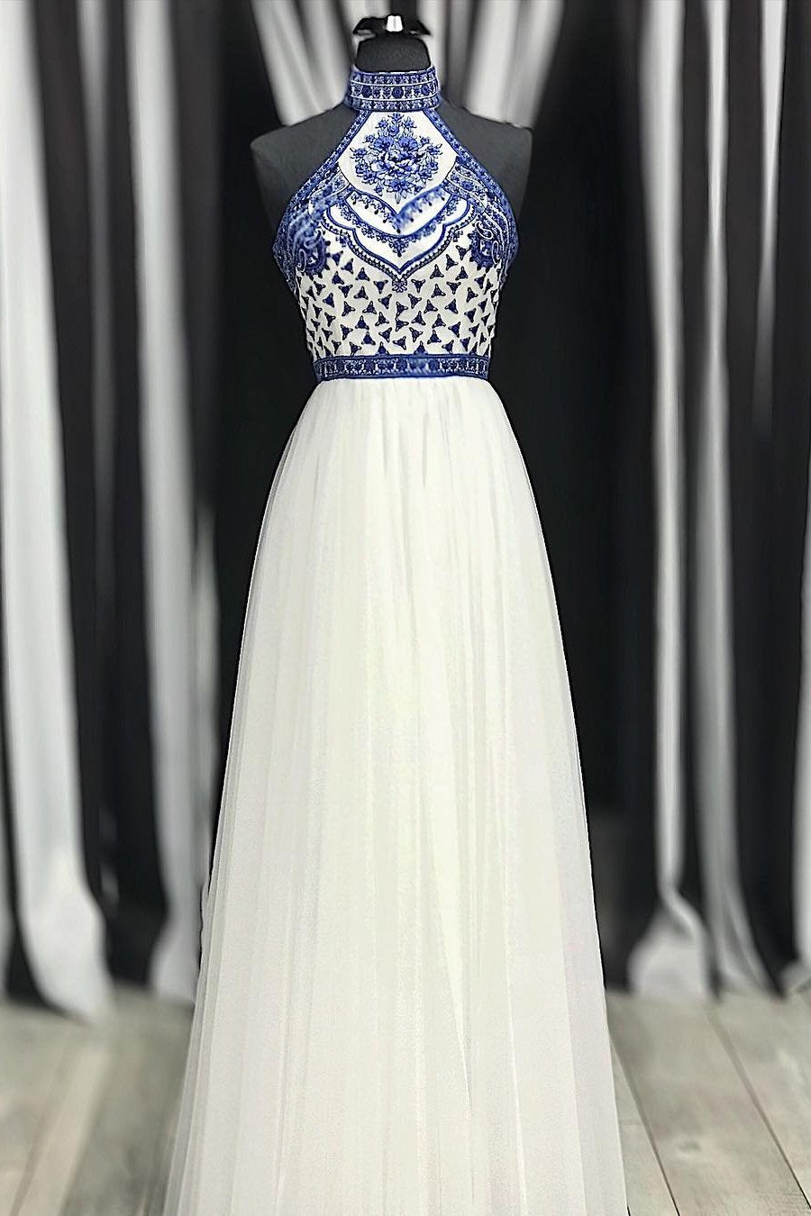 high neck white blue embroidery long backless prom dress