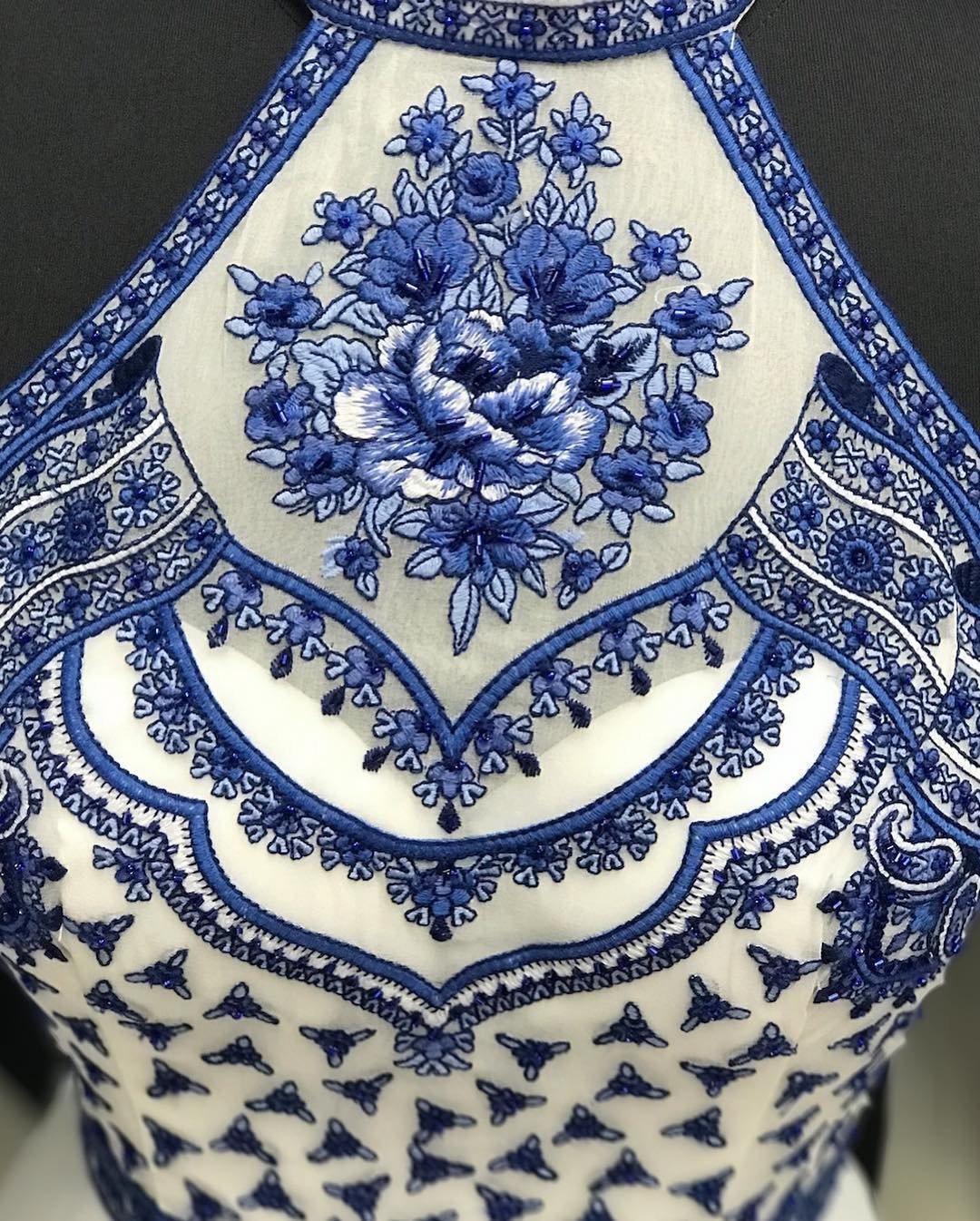 high neck white blue embroidery long backless prom dress