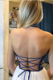 high neck white blue embroidery long backless prom dress