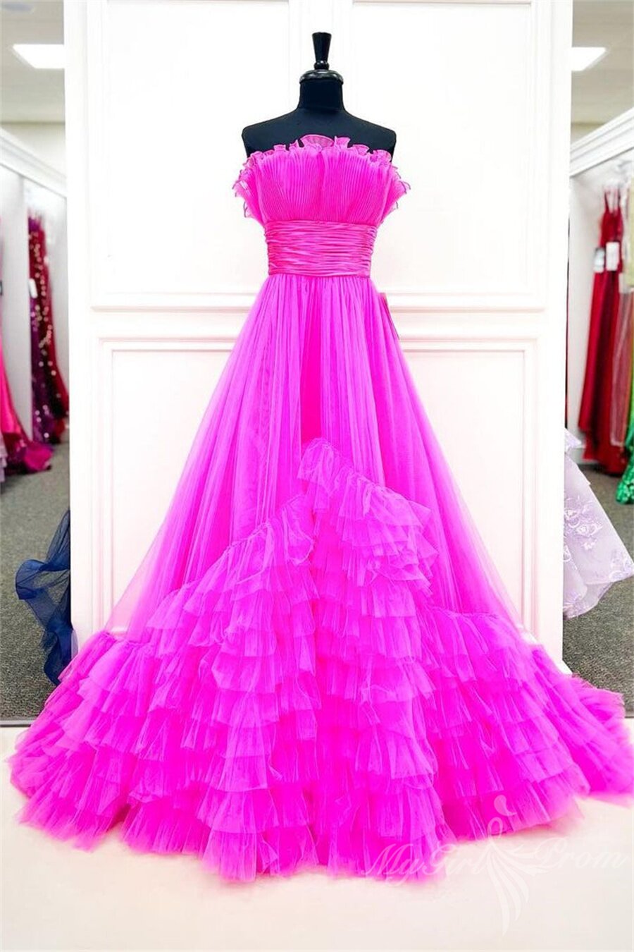 black a line strapless tulle layered long prom dresses princess formal dress