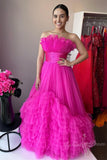 black a line strapless tulle layered long prom dresses princess formal dress