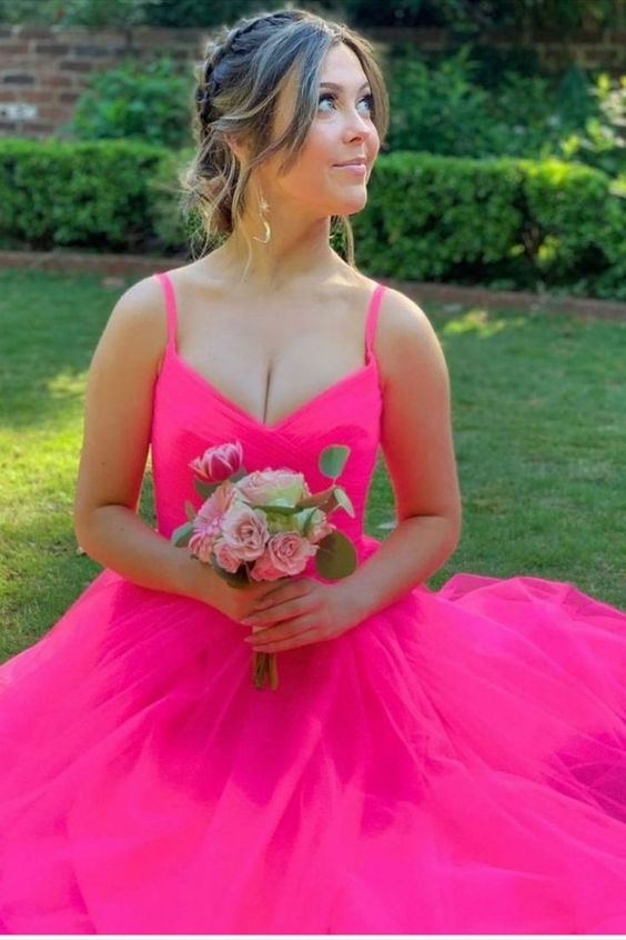 hot pink a line v neck long prom dress tulle preppy graduation dress