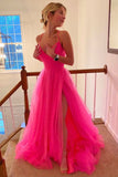 Hot Pink A-line V-neck Long Prom Dress, Tulle Preppy Graduation Dress GP195