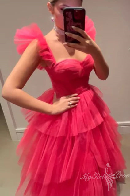 hot pink layered tulle prom dresses long formal evening dress