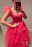 hot pink layered tulle prom dresses long formal evening dress