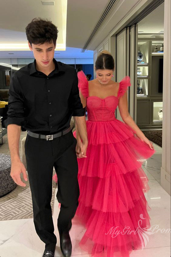 hot pink layered tulle prom dresses long formal evening dress