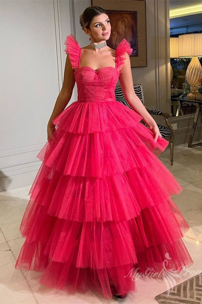 hot pink layered tulle prom dresses long formal evening dress