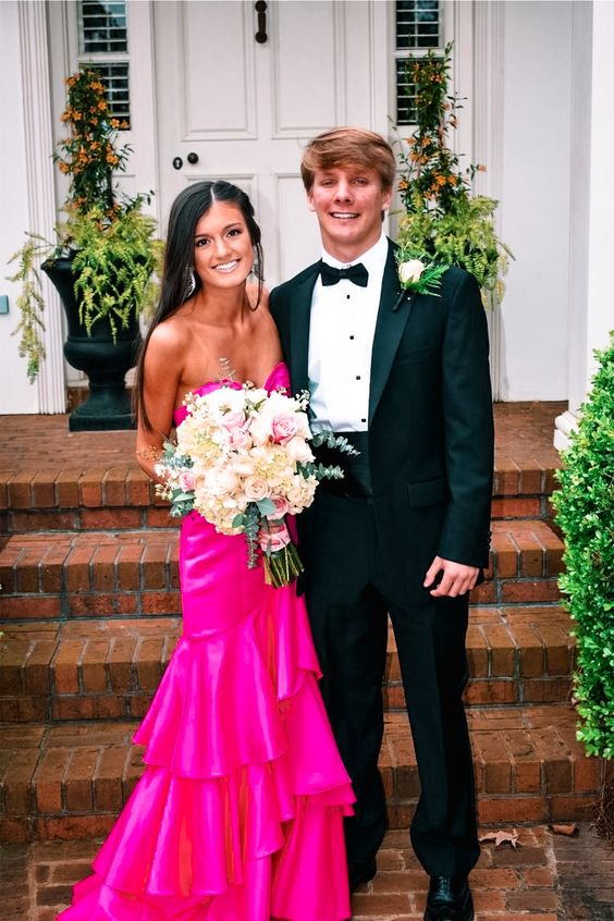 hot pink satin mermaid prom dresses long evening gowns with tiered