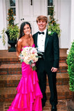 Hot Pink Satin Mermaid Prom Dresses Long Evening Gowns With Tiered GP352