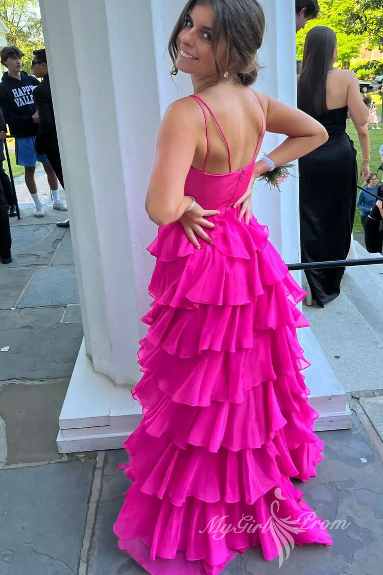 hot pink spaghetti straps tiered long prom dress chiffon graduation dress