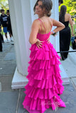 hot pink spaghetti straps tiered long prom dress chiffon graduation dress