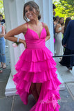 Hot Pink Spaghetti Straps Tiered Long Prom Dress Chiffon Graduation Dress GP455
