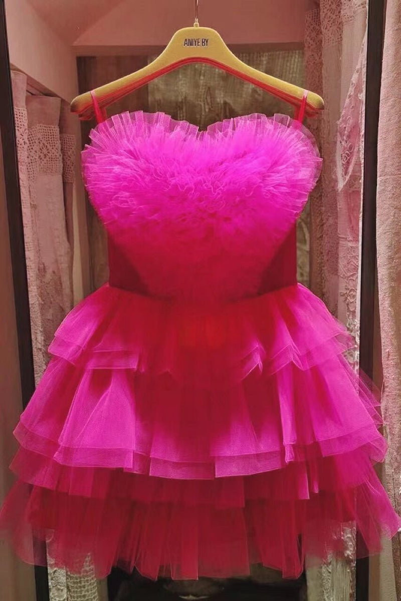 hot pink strapless heart shape tulle tiered homecoming dress