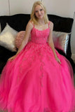 a line hot pink tulle lace appliques prom dresses long evening dresses
