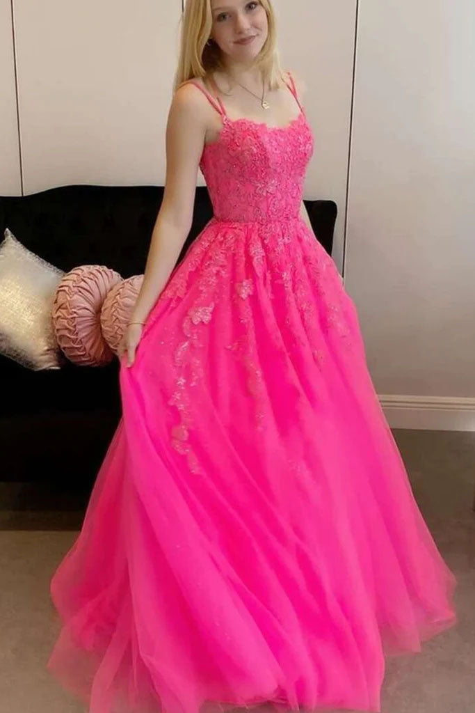 a line hot pink tulle lace appliques prom dresses long evening dresses