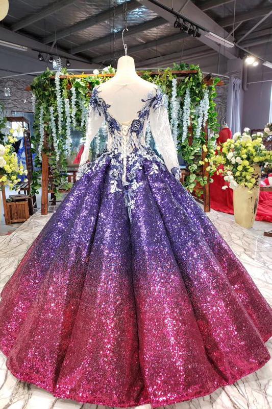 Sparkly Long Sleeve Ball Gown Sequins Ombre Quinceanera Dresses With Appliques MP186