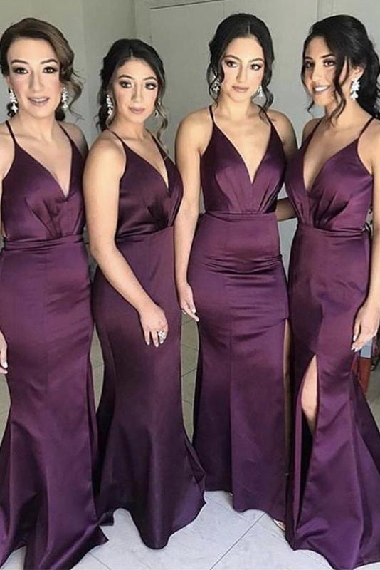 purple elastic satin v neck mermaid prom dress long bridesmaid dresses