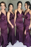 purple elastic satin v neck mermaid prom dress long bridesmaid dresses