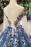 glitter beaded appliques long sleeves blue ball gown quinceanera gown