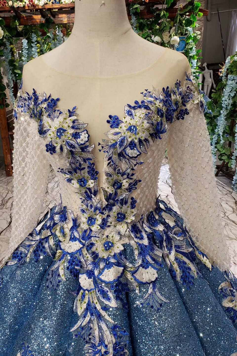 glitter beaded appliques long sleeves blue ball gown quinceanera gown