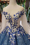 glitter beaded appliques long sleeves blue ball gown quinceanera gown