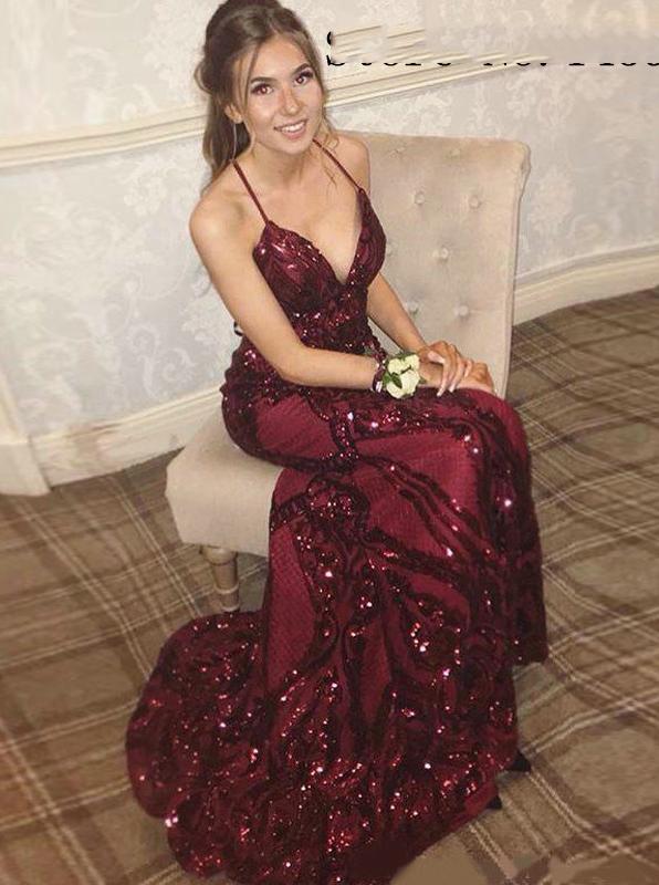 Burgundy Sequins V-neck Evening Dresses Spaghetti Straps Prom Party Dresses MP85