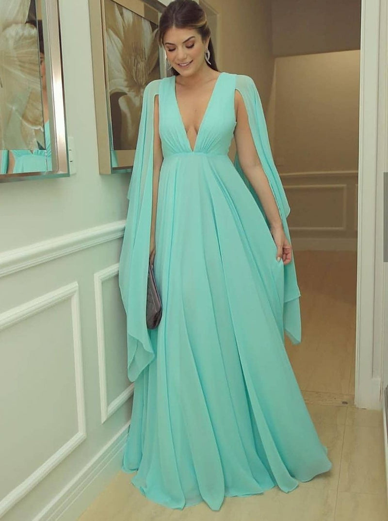 Chiffon Mint Green Long Prom Dresses, V Neck Muslim Evening Party Dresses MP89