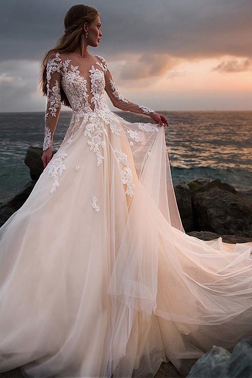 boho wedding dress illusion long sleeves backless lace tulle bridal gowns