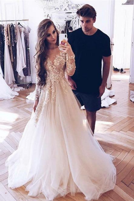 illusion round neck long sleeves tulle prom wedding dress with appliques