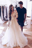illusion round neck long sleeves tulle prom wedding dress with appliques