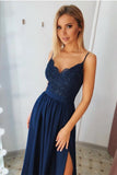 a line lace applique dark navy long prom dress with split