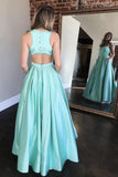 Square Neck A-line Mint Green Long Prom Dress With Beaded Pockets MG139