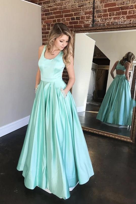 Square neck a-line mint green long prom dress with beaded pockets mg139