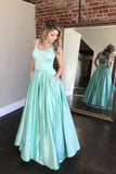Square neck a-line mint green long prom dress with beaded pockets mg139