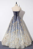 Strapless Blue Floral Print Tulle Long A Line Prom Dress, Graduation Dress MG143