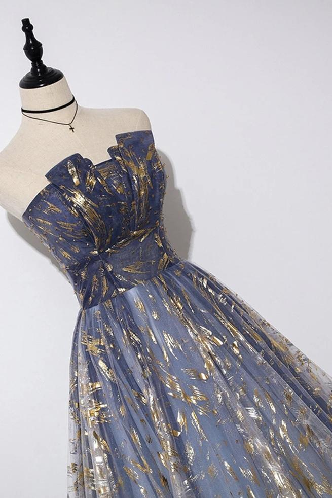 Strapless blue floral print tulle long a line prom dress, graduation dress mg143