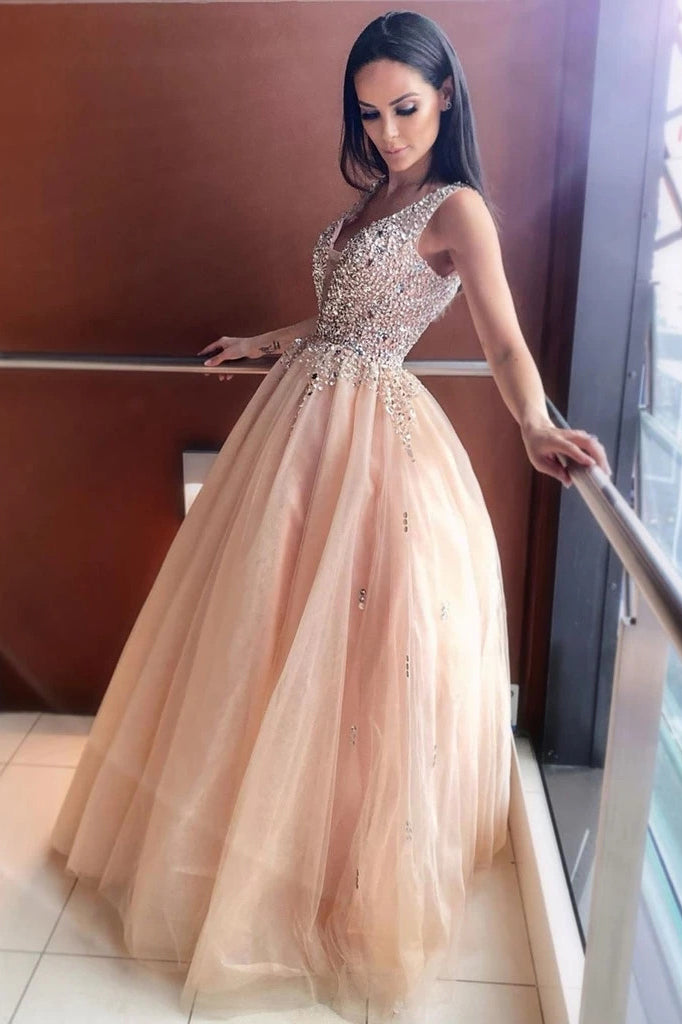 sparkly a line v neck beading bodice tulle long prom dress