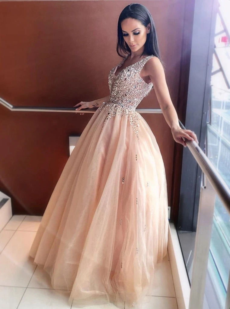 sparkly a line v neck beading bodice tulle long prom dress