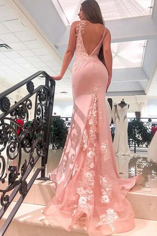 Mermaid v neck spaghetti straps long prom dresses, appliques party dress mg147