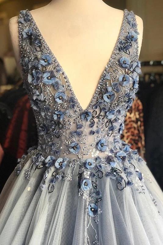 A-line blue floral embellished v-neck long formal prom dresses mg144