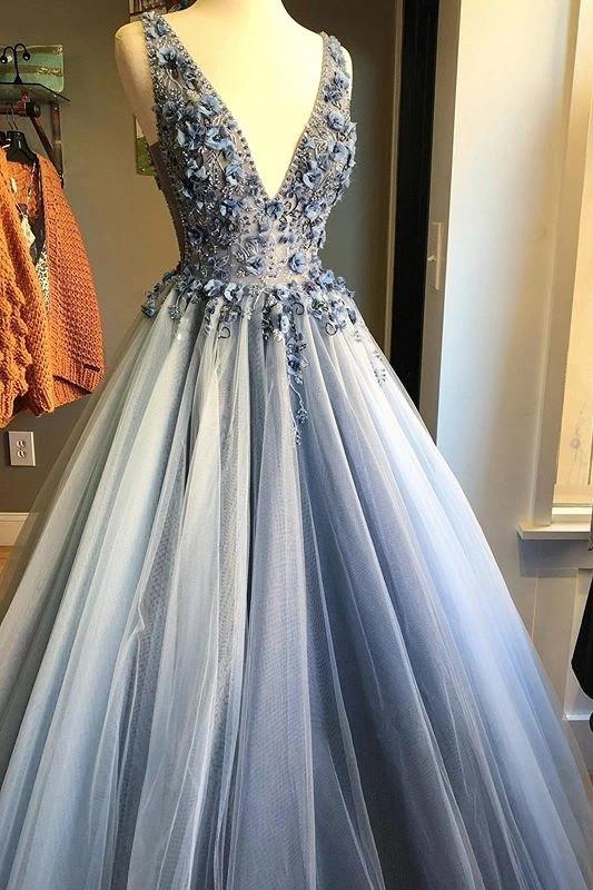 A-line blue floral embellished v-neck long formal prom dresses mg144