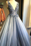 A-line blue floral embellished v-neck long formal prom dresses mg144